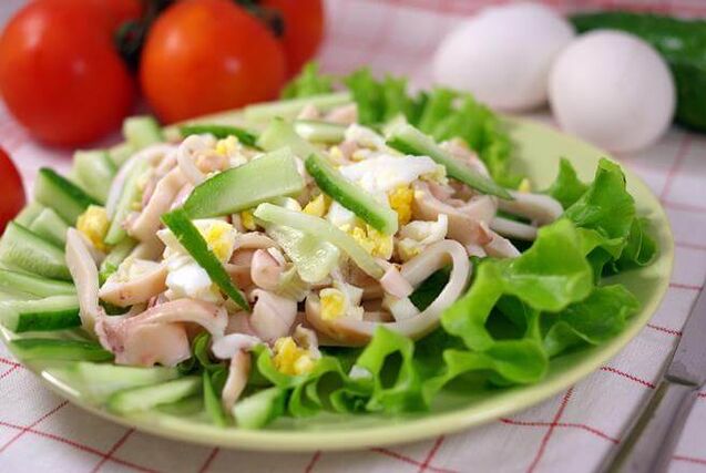 Calamari salad with eggs and cucumber on a low-carb diet